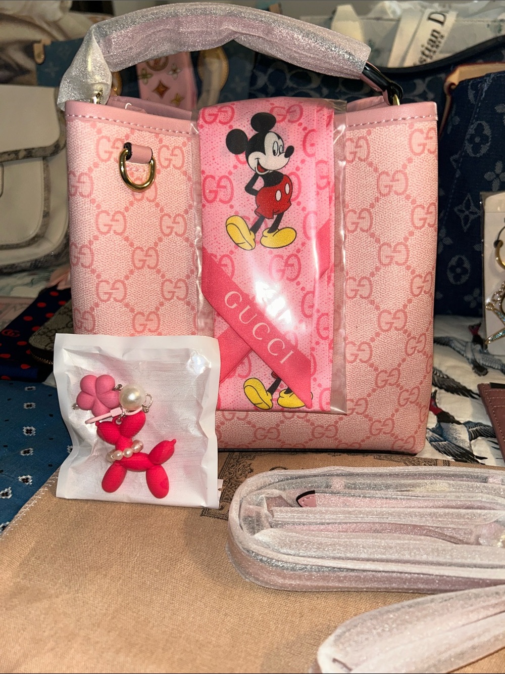 Designer Pink Mini Tote with Charm, crossbody strap and scarf